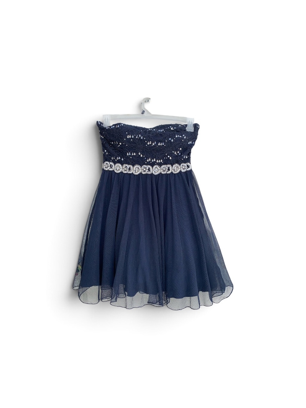Teen. Navy Blue Strapless Sequined Lace Tulle Mini Dress – Homecoming / Party